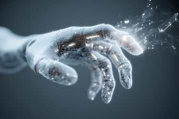 Futuristic robotic hand reaching out, connecting with digital network, offering technology solutions, ai integration, and future innovation concept