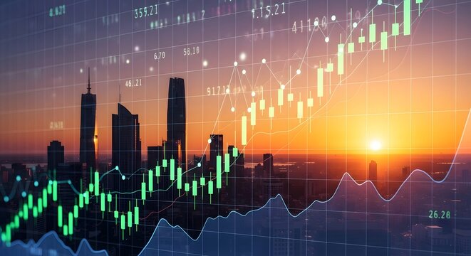 Financial analysis overlaying a cityscape at sunrise, depicting market trends and investment data.