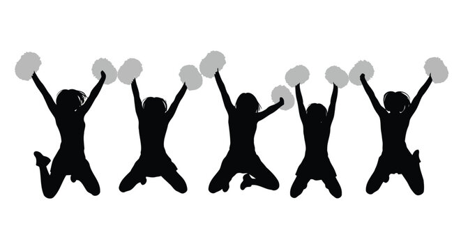 Vector illustration of silhouette of cheerleaders jumping with pompoms