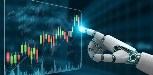 Robotic Hand with Financial Chart – Futuristic AI, Market Trends, and Data Analysis Illustration
