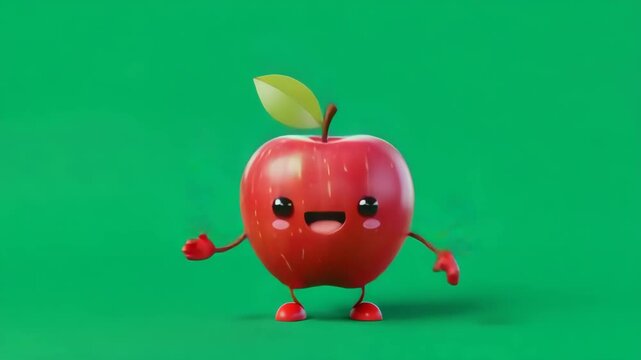 Animated red apple character with a leaf waving on a green background in a studio setting