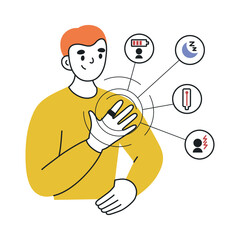 Man wearing smart ring for health monitoring, flat cartoon vector illustration for wellness and technology design, wearable device tracking sleep, temperature, stress and overall body condition
