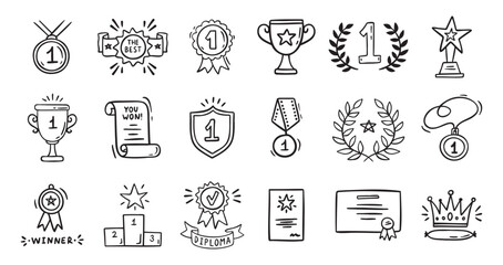 Awards doodle, trophy cups, first place medals and diploma set. Hand drawn champion trophy cup and gold medal. Drawing award decorative isolated icons. 