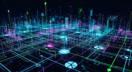 Digital city network with data streams and connections, futuristic technology.