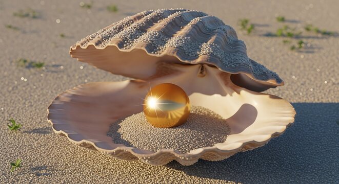 Open clam shell on sand with a golden pearl inside.