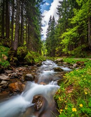 Fototapeta premium Mountain stream or river in a forest, spring nature landscape