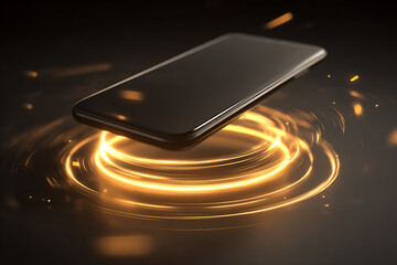 Sleek black smartphone levitating above vibrant golden energy rings, creating a dynamic, futuristic, and high-tech visual experience for modern advertising.