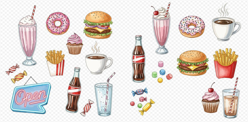 A vibrant collection of retro diner food and drink items including milkshakes, burgers, fries, donuts, and sodas.