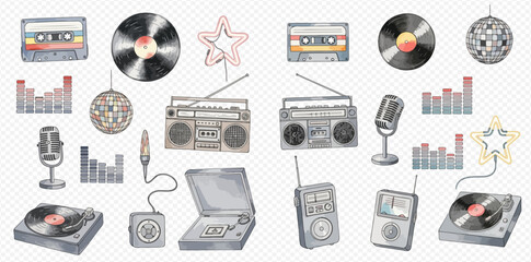 A collection of watercolor illustrations depicting retro music and audio equipment, including cassette tapes, vinyl records, boomboxes, microphones, disco balls, and record players. © studio