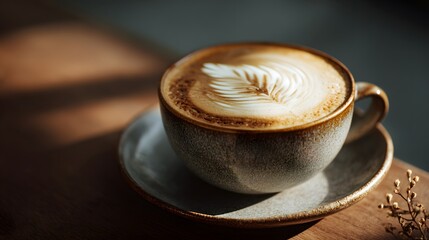 Coffee cup with latte art on a saucer sits on a wooden table.