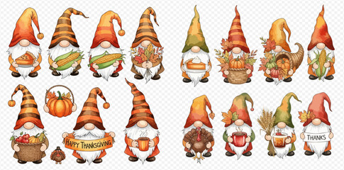 A collection of charming autumn and Thanksgiving gnomes, each holding festive fall elements like pumpkins, corn, pies, and coffee, perfect for seasonal designs.