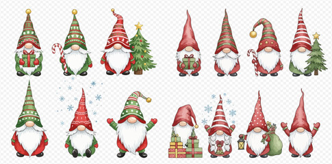 A charming collection of watercolor Christmas gnomes with festive hats, gifts, and holiday decorations on a transparent background.