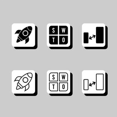 A set of icons for a computer program, including a rocket, a SW, a T, a W, a D