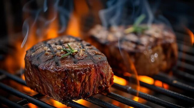 Cooking grass fed organic beef filet mignon barbecue, charcoal-grilled, beef steak cooking, ,	
