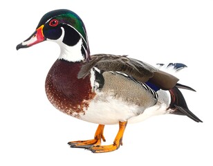 Fototapeta premium A detailed side profile of a brightly colored Wood Duck on white
