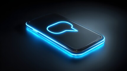 Smartphone displays a glowing blue speech bubble icon against a dark background.