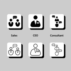 A series of icons representing different professions, including sales, CEO