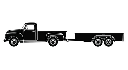 Vintage pickup truck with flatbed trailer in a black silhouette style