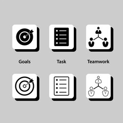 A set of icons that represent different aspects of teamwork and goal-setting