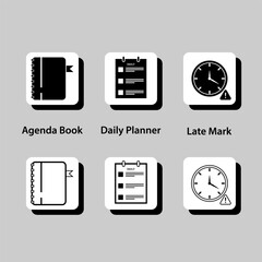 A set of icons for different types of planners, including an agenda book