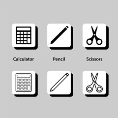 A set of six icons, each representing a different school supply item