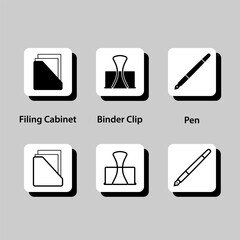 A set of six icons for office supplies, including a filing cabinet, binder clip
