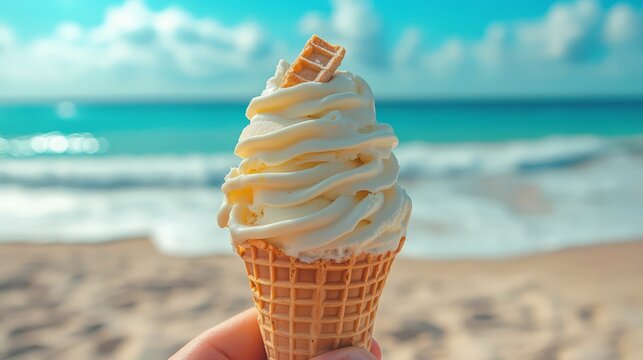 Vanilla ice cream cone held in hand with beach and ocean waves in the background on a sunny day - Powered by Adobe