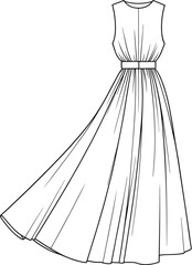 Cad drawing flat vector illustration, technical fashion sketch, sleeveless pleated dress, round neckline, full skirt, garment construction reference