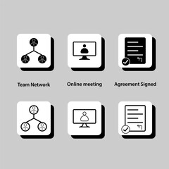 A set of icons for a team network, online meeting, agreement signed