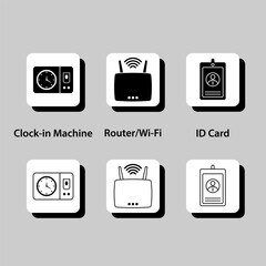 A variety of icons for different devices, including a clock, router, and ID card