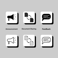 A variety of icons, including a microphone, a speech bubble, and a star