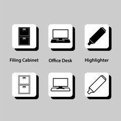 A set of icons for a computer desk, including a filing cabinet, a laptop