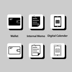 A set of icons for a digital wallet, internal memo, digital calendar
