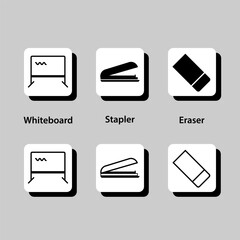 A set of six icons for office supplies, including a stapler, a whiteboard
