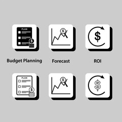 A set of six icons, each representing a different aspect of budget planning