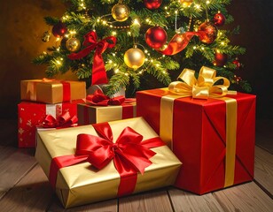 Warm, glowing Christmas tree adorned with lights and ornaments, surrounded by festive red and gold gift boxes ready for holiday joy.