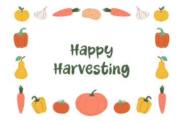Rectangular frame of colorful vegetables and fruits in flat style with partial outline. Inscription Happy Harvesting. Autumn and harvest concept. Vector illustration.