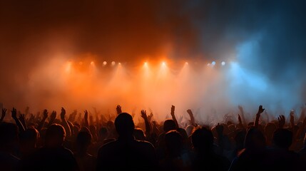Fototapeta premium Crowd enjoys a concert with bright orange and blue stage lights.