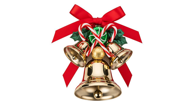 Golden Christmas Bells with Red Bow and Candy Canes