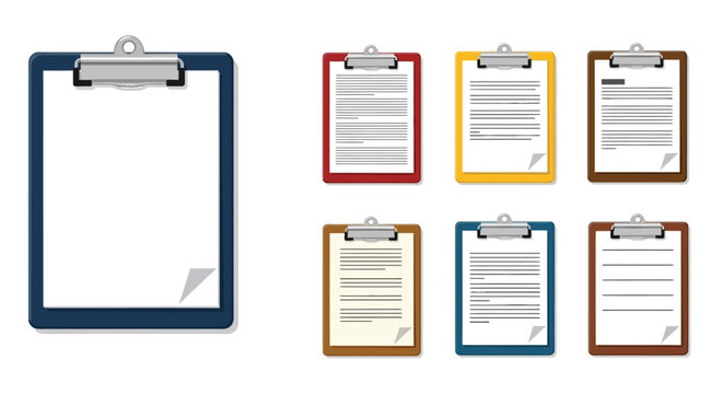 Collection of various clipboards with blank and filled pages displayed
