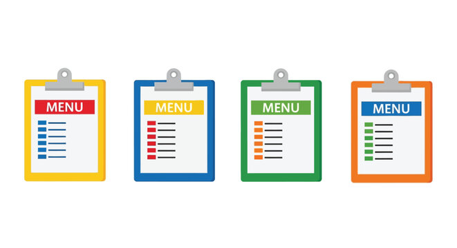 Four colorful clipboards displaying menus with lists of items presented