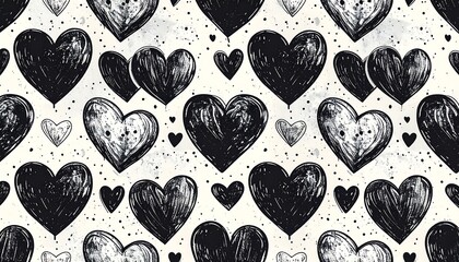 A pattern of black hearts on a white background with speckles