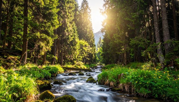 Mountain stream or river in a forest, spring nature landscape