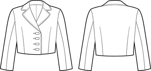 Cad drawing flat vector illustration, technical fashion sketch, cropped blazer, toggle button closure, tailored fit, garment construction reference