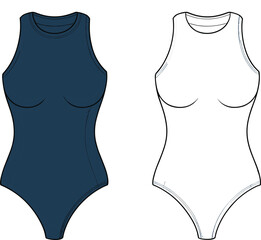 Cad drawing flat vector illustration, bodysuit fashion template, sleeveless garment sketch, apparel mockup, clothing outline, high-neck design