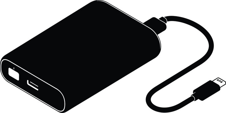 Isometric view of black power bank with attached usb type c cable