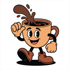 Cartoon coffee cup character with splashing liquid and walking pose vector
