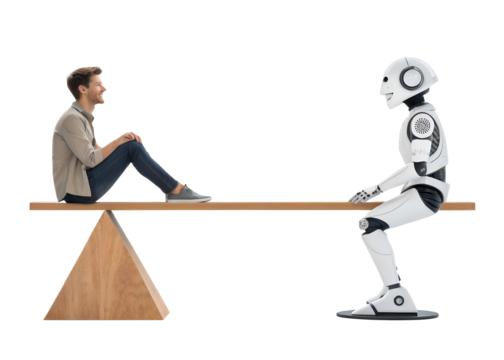 Human vs. Robot Balance: A person and a humanoid robot are seated on a seesaw, embodying the balance between human intellect and artificial intelligence.