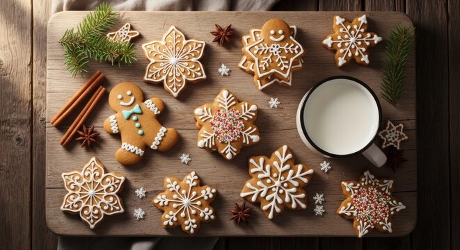 Festive Christmas gingerbread cookies shaped like snowflakes and a gingerbread man on a rustic wooden board with a glass of milk
