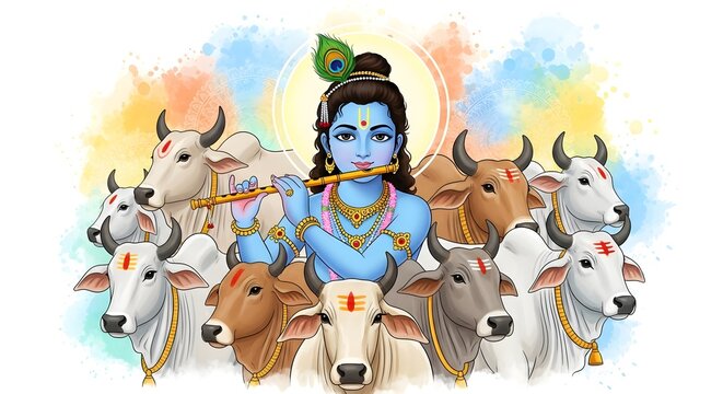 Lord krishna playing his flute surrounded by cows, isolated on white background